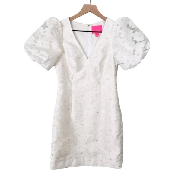 Lilly Pulitzer Citra Embroidered Puff Sleeve Floral Shift Dress White‎ Gold 00 - Picture 5 of 13